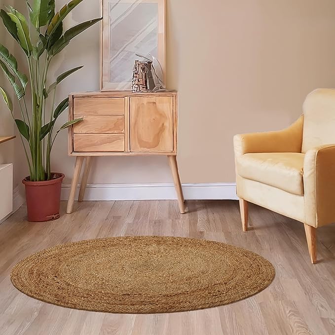 REDEARTH · Round Area Rug - 4 Feet Braided Natural Jute with Non-Skid Backing - Handwoven Boho Rug for Bedroom, Kitchen, Living Room - Farmhouse Aesthetic Home Decor - Durable Handmade Rug