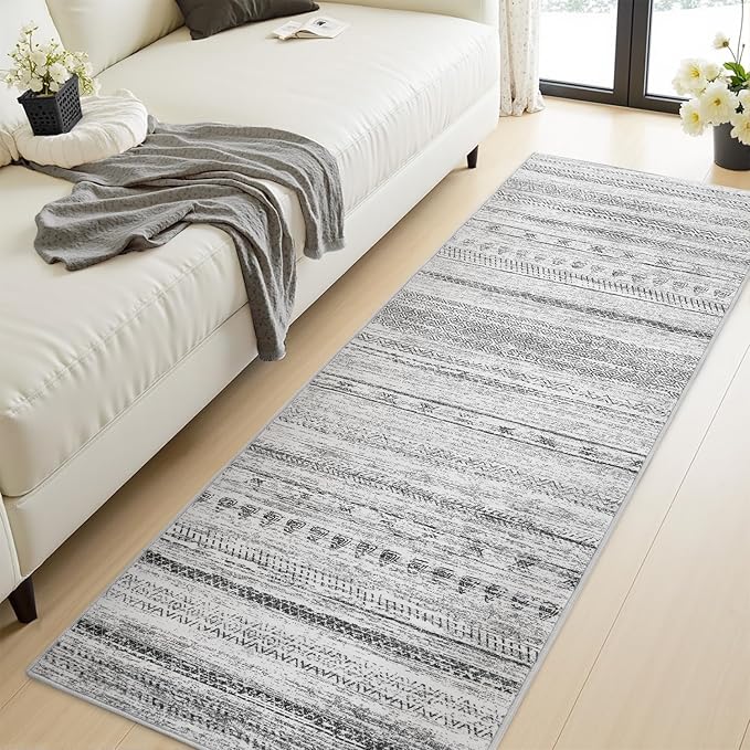 2x8 Runner Rug Machine Washable Non Slip Area Rug Distressed Neutral Moroccan Boho Rug Ultra Soft Floor Runners for Hallways for Entryway Laundry Room Kitchen, Black