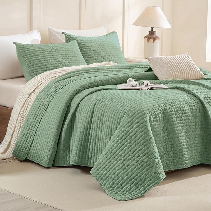 Sanracie Stonewashed Cotton Coverlet Queen Size(90"x98"), Green Ultra Soft Crinkle Quilt Bedding Set 3Pcs Cross Stitch Pattern Lightweight Breathable Bedspread Set for All Season