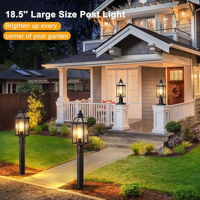18.5" Motion Sensor Outdoor Post Lights, 360° Detection Lamp Pole Light Fixture 4 Lighting Modes, Large Waterproof Aluminum Outside Exterior Lantern for Garden, Porch, Pathway, (Black)