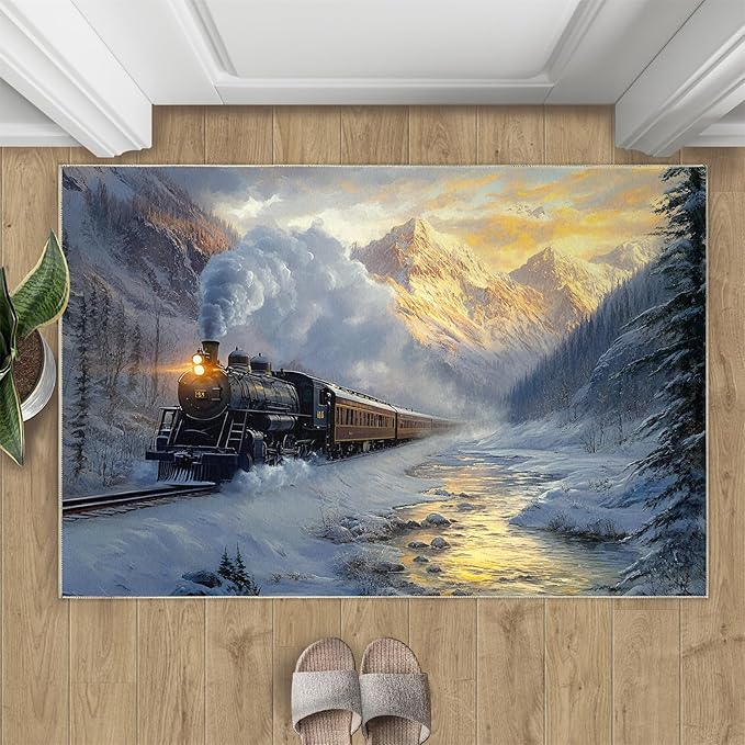 Train 3x5 Area Rugs,Forest and Mountains Bedroom Rug Winter Landscape Non-Slip Washable Rug for Living Room Nursery Kitchen Low-Pile Carpet