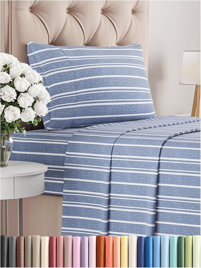 Twin XL Size 3 Piece Sheet Set - Comfy Breathable & Cooling Bed Sheets Set - Hotel Luxury Bedding for Women, Men, Kids, Teens, Boys & Girls - Deep Pockets and Wrinkle Free - Oeko-Tex - Blue Stripes 3