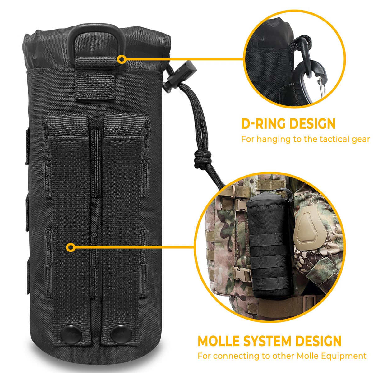 Tanzueji Upgraded Sports Tactical MOLLE Water Bottle Pouch with 2 Carabiners, Drawstring Open Top & Mesh Bottom Travel Hydration Carrier for Outdoor Hiking Camping