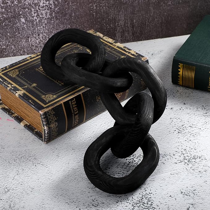 Queekay Decorative Wood Chain Link Decor Rustic Wooden 5 Link Wooden Chain Decor Ornament Farmhouse Home Decoration Hand Carved Wood Crafts Ornaments for Coffee Table(Black)