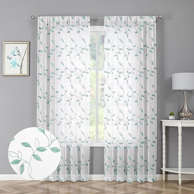 Tollpiz Teal Blue Leaf Sheer Curtain Leaves Embroidered Bedroom Curtains Rod Pocket Voile Window Treatment for Living Room, 54 x 95 inches Long, Set of 2 Panels
