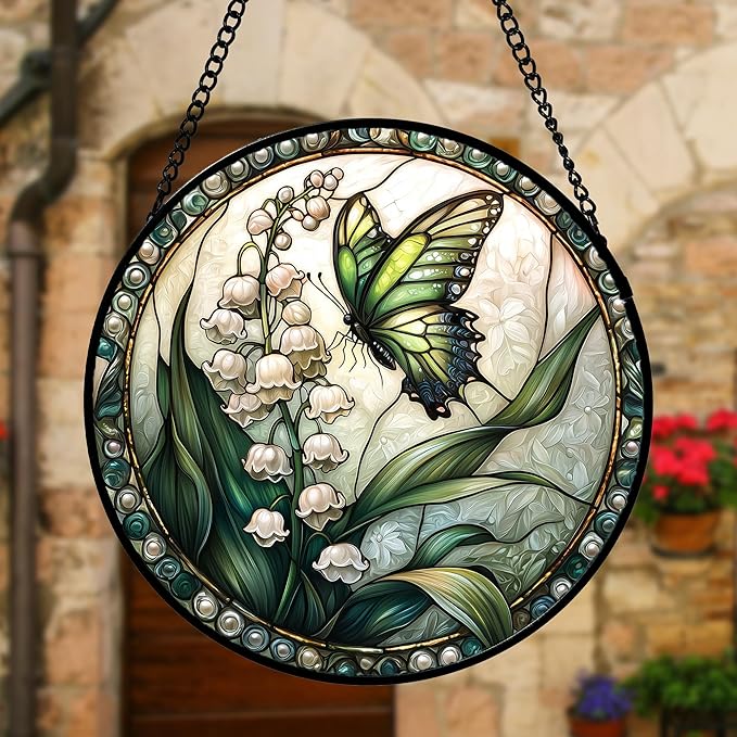 Stained Glass Window Hanging, Lily of The Valley Flower Butterfly Suncatcher for Doors Home Sun Catchers Decoration and Christmas, Mother's Day Birthday Gifts for Women, Men, Mom 7.8 in