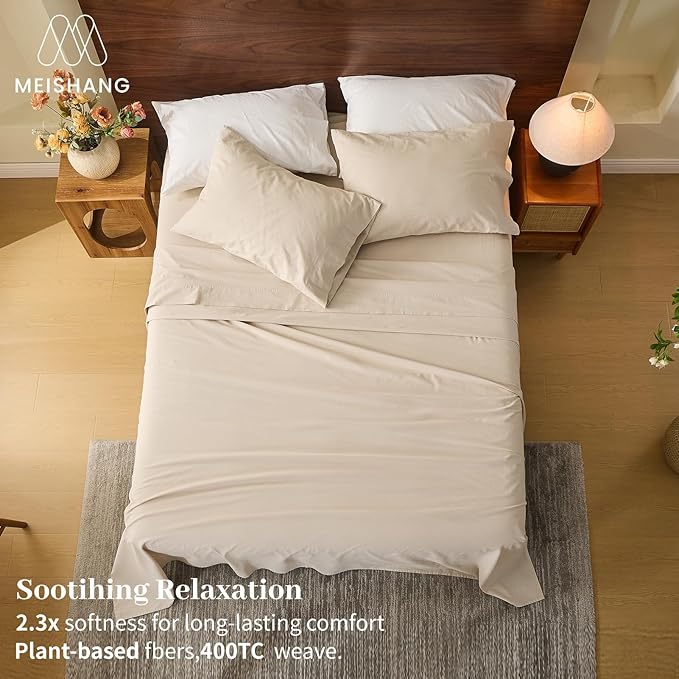 MEISHANG 100% French Pure Linen Sheets Queen Size - Extra Deep Pocket Sheet Set, Soft Durable Flax Linen, Anti-Tear Breathable & Oeko-Tex Certified 18-24 Deep Pocket,All Season(Linen)