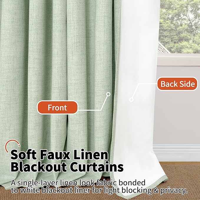 Lajode Sage Green Blackout Curtains for Bedroom - Linen Curtains 45 Inch Length Thermal Insulated Privacy Burlap Boho Window Drapes for Basement Scandi Farmhouse Nursery, 2 Panels, Each 52" Wide