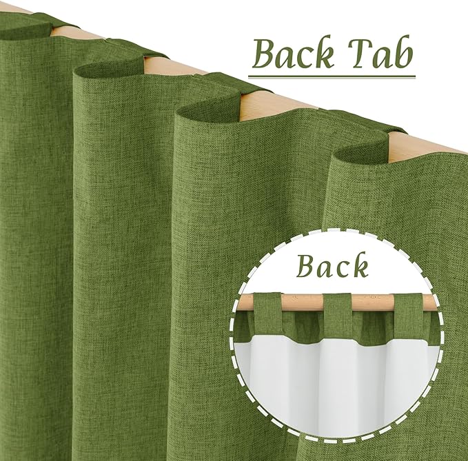 LAMIT Full Blackout Linen Curtains for Bedroom, 54 Inches Thermal Window Drapes Back Tab and Rod Pocket Privacy Protected Burlap Panels with White Liner, 2 Panels, 38 x 54 Inch, Olive Green