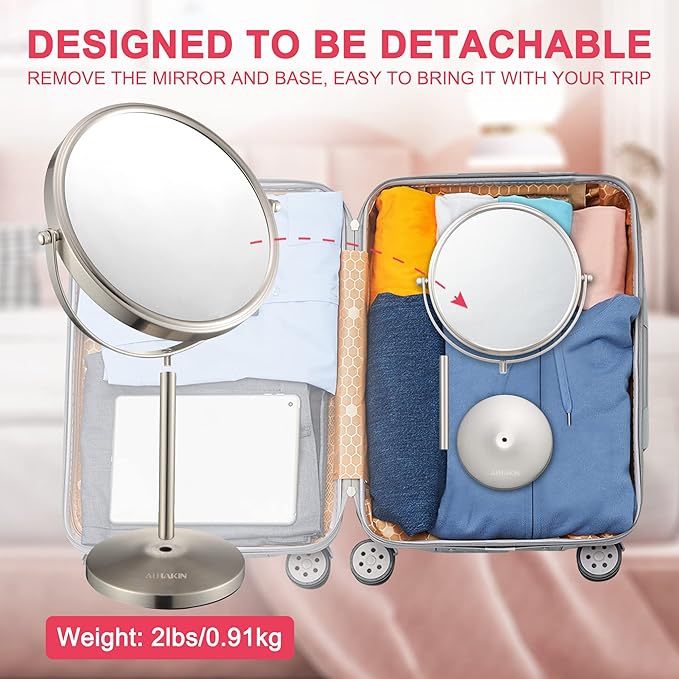 ALHAKIN 10x Magnifying Makeup Mirror, 8 Inch Tabletop Mirror with 1X/10X Magnification Double Sided, Standing Bathroom Makeup Mirror for Desk, Nickel