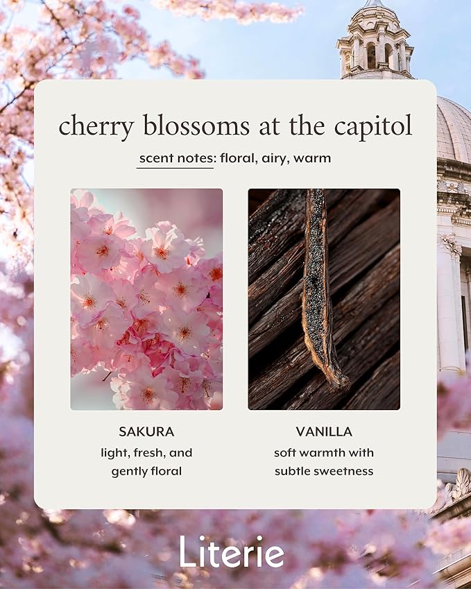 Literie DC Inspired Scented Candle: Cherry Blossoms at The Capitol - Sakura & Vanilla Scent, 9oz, 50 Hour Burn, Vegan Soy & Coconut Blend Candle for Home Decor, Gift for Women & Men