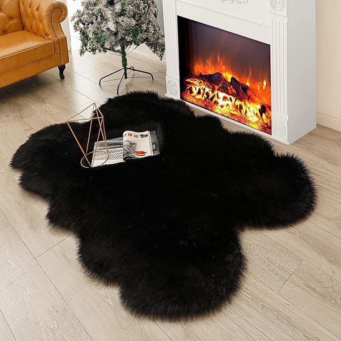Fluffy Faux Fur Rug Black Sheepskin Area Rug,4x6 Ft Ultra Soft Shaggy Plush Rug for Bedroom Bedside Living Room Nursery Kids Room