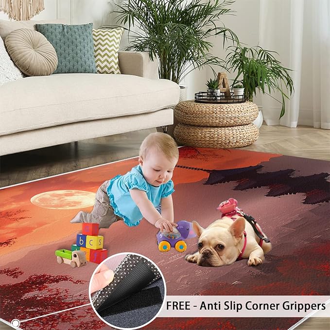 Japanese Style Area Rug 6x9 Washable Rug Red Maple Leaves Rugs for Living Room Sunset Scene Non Slip Carpet Floral Print Mat Bedroom Bathroom