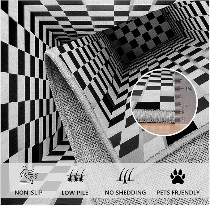 Optical Illusion Rug - Black and White Rug for Living Room, Soft Ultra Soft Faux Wool 7x10 Area Rugs Floor Mats, Non Slip&Non-Shedding Low Pile Checkered Washable Rugs, Abstract Geometric Carpet
