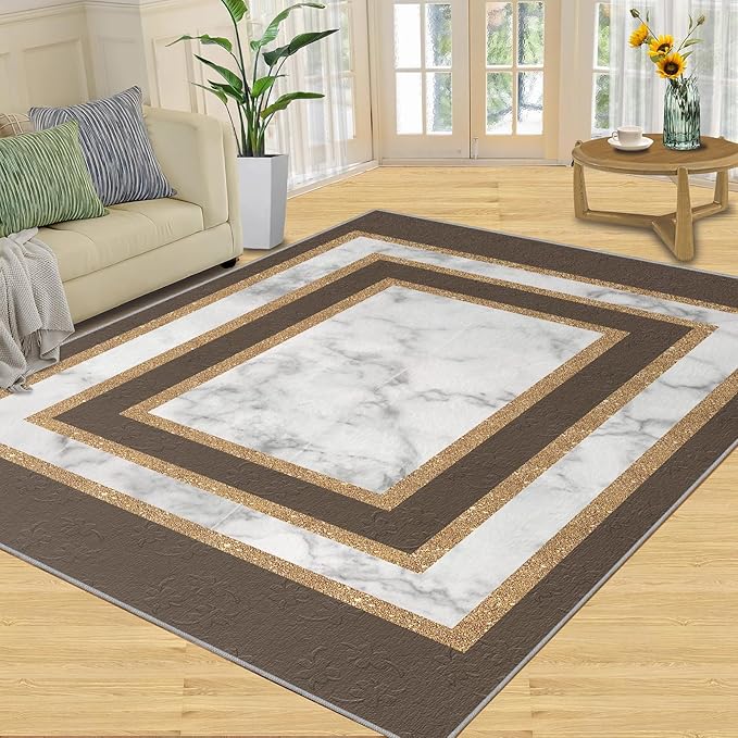 Marble Texture Area Rugs Rectangular Geometric Rug Gray White Marble Carpet Luxury Rug with Gold Accents Modern Minimalist Geometric Rugs for Bedroom Living Room 6x9ft
