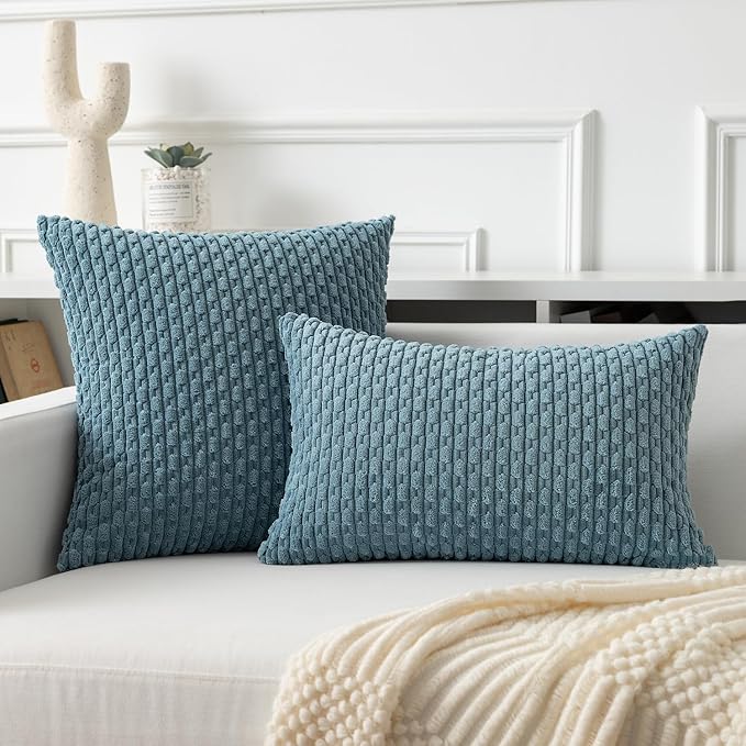 Kevin Textile Throw Pillow Covers Soft Corduroy Decorative Set of 2 Boho Striped Pillow Covers Pillowcases Farmhouse Home Decor for Couch Bed Sofa Living Room 20x20 Inch Blue Grey