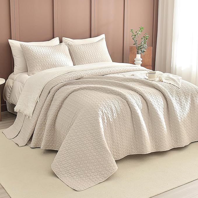 Sanracie Oversized King Quilt Bedding 128"x120",Wheat Colored 100% Cotton Cal King Quilt Bedspread Set 3Pcs Circular Quilting Super King Bedspread Coverlet Sets for All Season Lightweight Soft