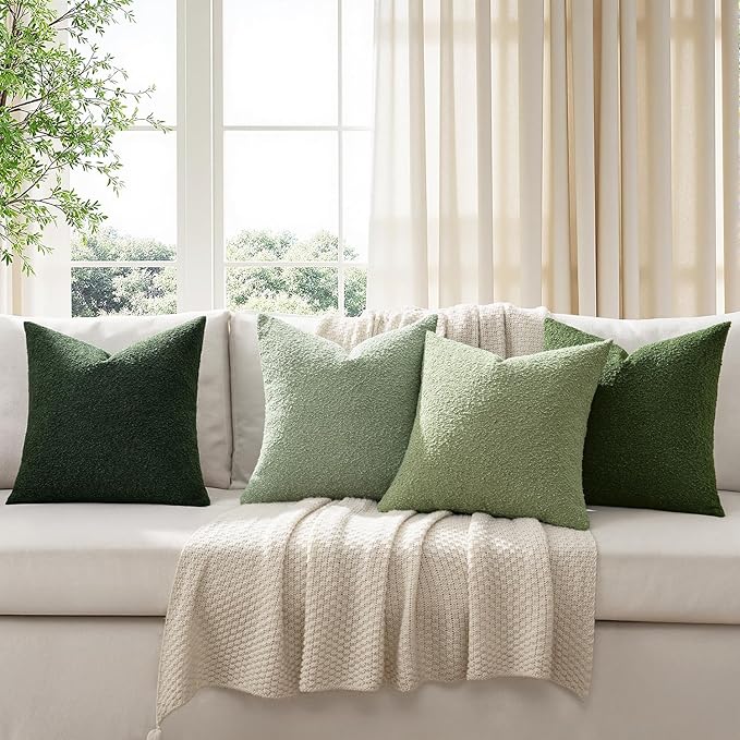 MIULEE Pack of 4 Decorative Sage Green Textured Boucle Spring Throw Pillow Covers 18x18 Inch Forest Green Accent Solid Pillow Cases Soft Couch Cushion for Modern Farmhouse Boho Bed Room Home Decor