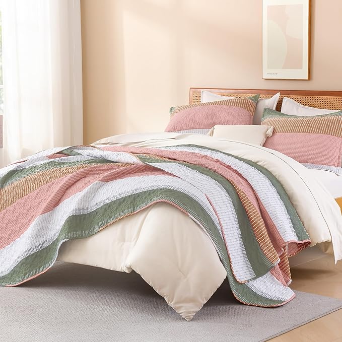 Litanika Quilt Queen Size Pink, Green and White, Orange Stripe Patchwork Summer Bedspread Coverlet 3 Pieces, Soft Lightweight Microfiber Comforter Bedding Set for All Season(1 Quilt, 2 Pillowcases)