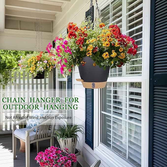 Hanging Planter Self Watering 8 Inch, 2 Pack Hanging Baskets for Plants, Hanging Flower Pots with Drainage Hole & 2 Kinds of Plant Hangers for Garden Home Decor (Black, 8 inch)