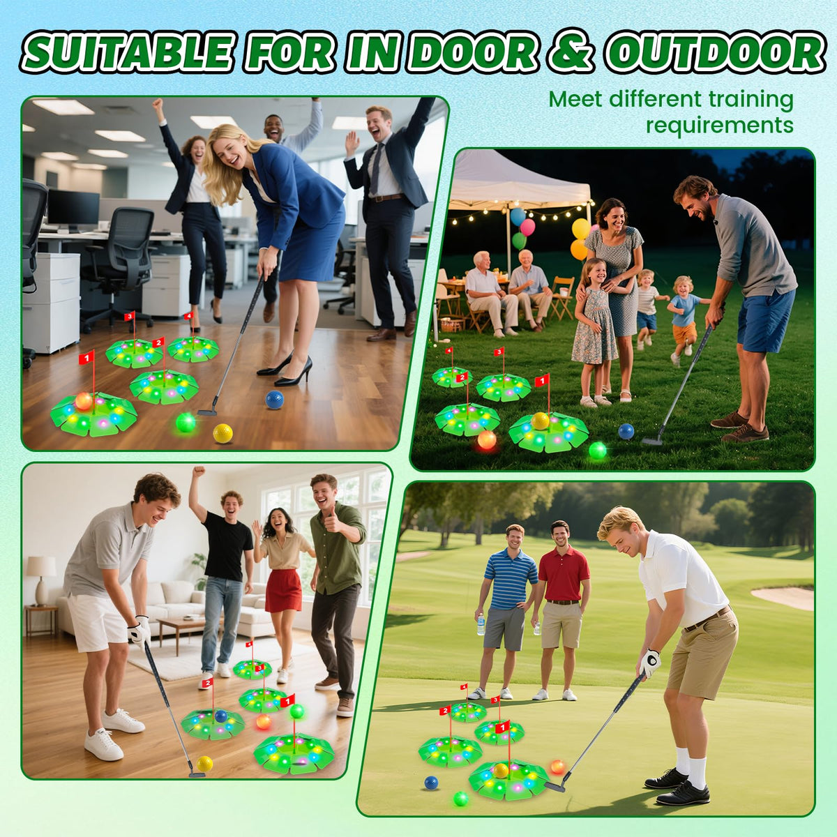 VATOS Light up Golf Putting Game Set - Glow Mini Golf Toy with 4 LED Holes, 4 Balls(2 Glow), Extendable Putter,Build Your Own Course at Home Indoor Outdoor Family Fun Golf Gifts for Kids Adults Golfer