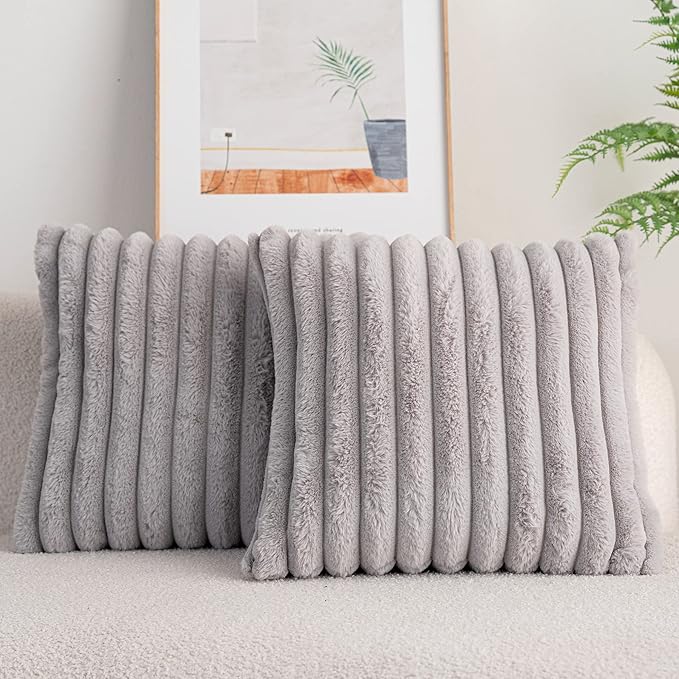 DEELAND Pack of 2,Double-Sided Faux Fur Plush Decorative Throw Pillow Covers Fuzzy Striped Soft Pillowcase Cushion Covers for Sofa Couch Bedroom Lightgrey 22x22 inch