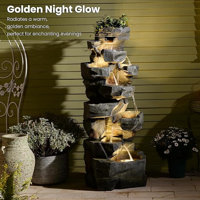 58" H Outdoor Water Fountain with 7 Tiers Large Cascading Realistic Rock Waterfall Fountains with LED Lights Outdoor Water Fountain for Garden Patio Backyard Porch Home Decor
