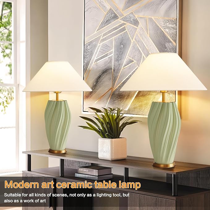 Modern Large Ceramic Table Lamps 24.5", Sage Green Plug in Table Lamp Decorative for Living Room Office Bedroom Bedside Nightstand (Textured)