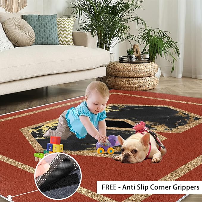 Abstract Marble Area Rugs Golden Hexagon Geometric Rug Vintage Red Marble Carpet European Medieval Geometry Carpet Mat for Bedroom Living Room 7x8ft