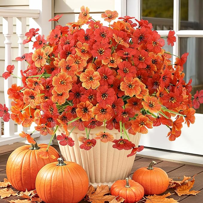MACTING Artificial Fall Flowers for Outdoors 12 Bundles Faux Mums Outdoor Plants UV Resistant Fake Silk Flowers for Planters Garden Porch Patio Indoor Outside Autumn Thanksgiving Decor,Orange & Red