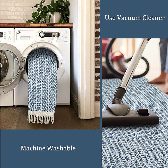 Lahome Boho Kitchen Runner Rug, 2'6''x8 Runners for Hallways Lightweight Bathroom Rug Woven Cotton Throw Mat with Tassels, Farmhouse Blue Runner Rugs Non Shedding Rugs for Laundry Room Rv Decor