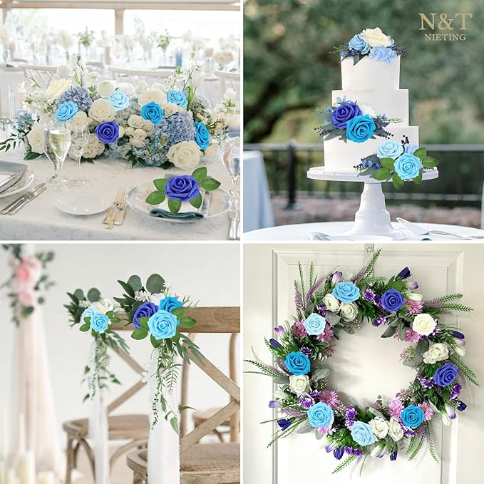 N&T NIETING Blue Roses Artificial Flowers, 25pcs Fake Flowers Rose Perfect for DIY Wedding Bridesmaid Bridal Bouquets Centerpieces Home Flower Arrangement Decoration, Series Blue
