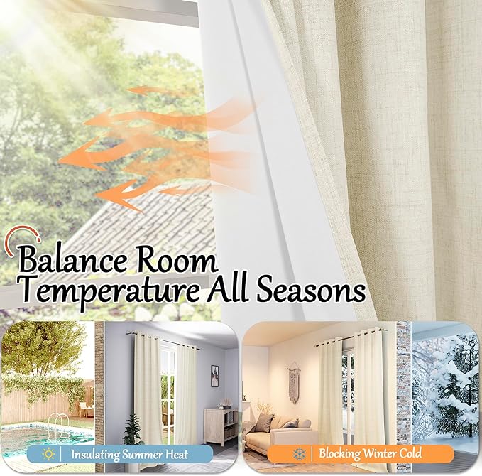 Lajode Cream 100% Blackout Curtains for Living Room 72 Inch Length 2 Panels Set, Thermal Insulated Light Blocking Faux Linen Curtains for Bedroom, Bronze Grommet Boho Window Drape Each 52" Wide
