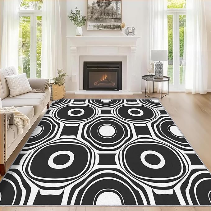 Black and White Geometric Rugs for Entryway, 2x3 ft, Ring Circle Area Rugs for Bedroom Kitchen Entrance, Soft Non Slip Washable Modern Abstract Indoor Door Mat Home Decorations Dt-Ghf-31