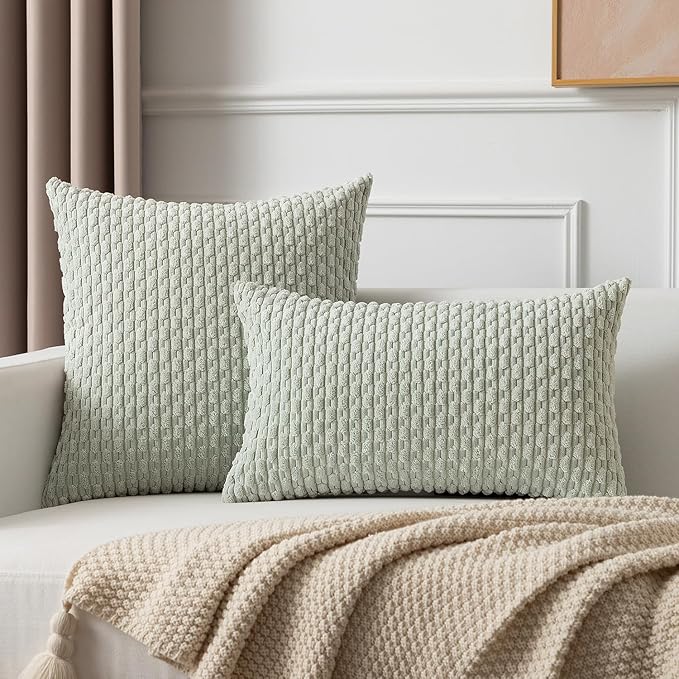 Kevin Textile 2 Packs Light Green Decorative Throw Pillow Covers 18x18 Inch for Living Room Couch Bed Spring Sofa Soft Striped Corduroy Square Cushion Case 45x45 cm Rustic Farmhouse Boho Home Decor