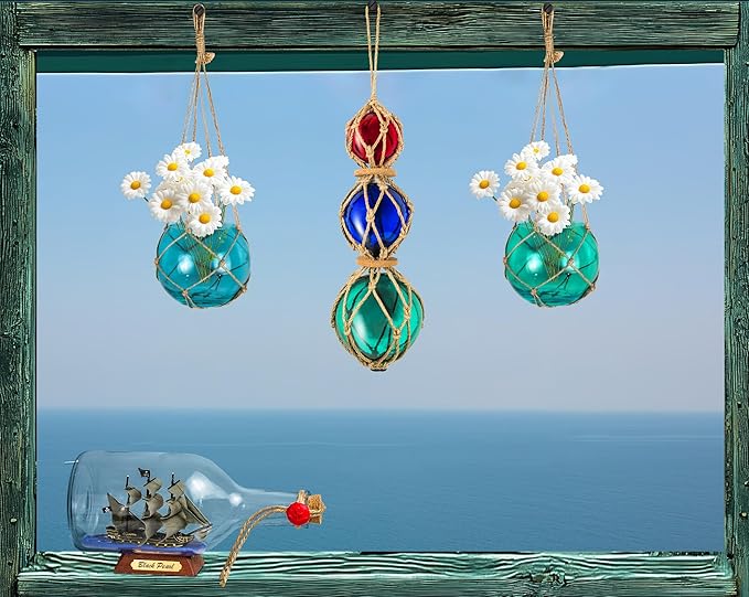 SAILINGSTORY Hanging Glass Plant Terrarium 5" Glass Planter Propagation Stations Flower Vase Blue and Teal Set of 2 Pack