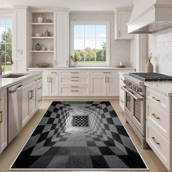 3D Rug 2x3, Plaid Soft Ultra Soft Faux Wool Low Pile Optical Illusion Rug, Indoor Floor Mats Abstract Geometric Carpet, Non-Slip Stain Resistant Washable Rugs, Modern Gray Rugs for Living Room