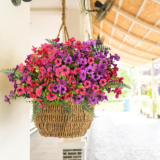 Artificial Faux Plants Flowers Outdoor Decoration,16 Bundles Fake Silk Colorful Daisy Eucalyptus Realistic UV Resistant for Outside Home Planter Porch Patio Yard Decor (Purple Red)