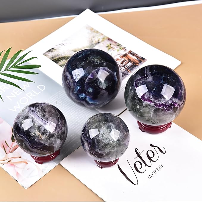 JIC Gem Natural Colorful Fluorite Crystal Sphere with Wooden Stand,Decorative Crystal Ball Fluorite Gemstone Sphere for Meditation,Feng Shui,Witch-Style Decor,Table 80-90mm