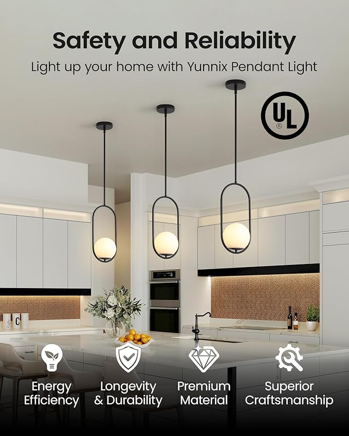 Yunnix 1-Light Modern Black Globe Pendant Lights Kitchen Island | Milk Glass Hanging Lamp for Kitchen Island, Dining Room, Bedroom, Living Room (Bulb Not Included)