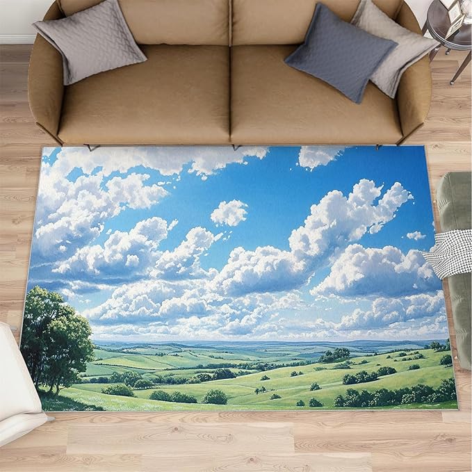 Sky and Clouds 6x8 Area Rugs for Living Room -Grassland and Pasture Washable Rug Rural Landscape Non-Slip Carpet Indoor Floor Stain Resistant Thin Carpets for Bedroom Dining Room Home Office