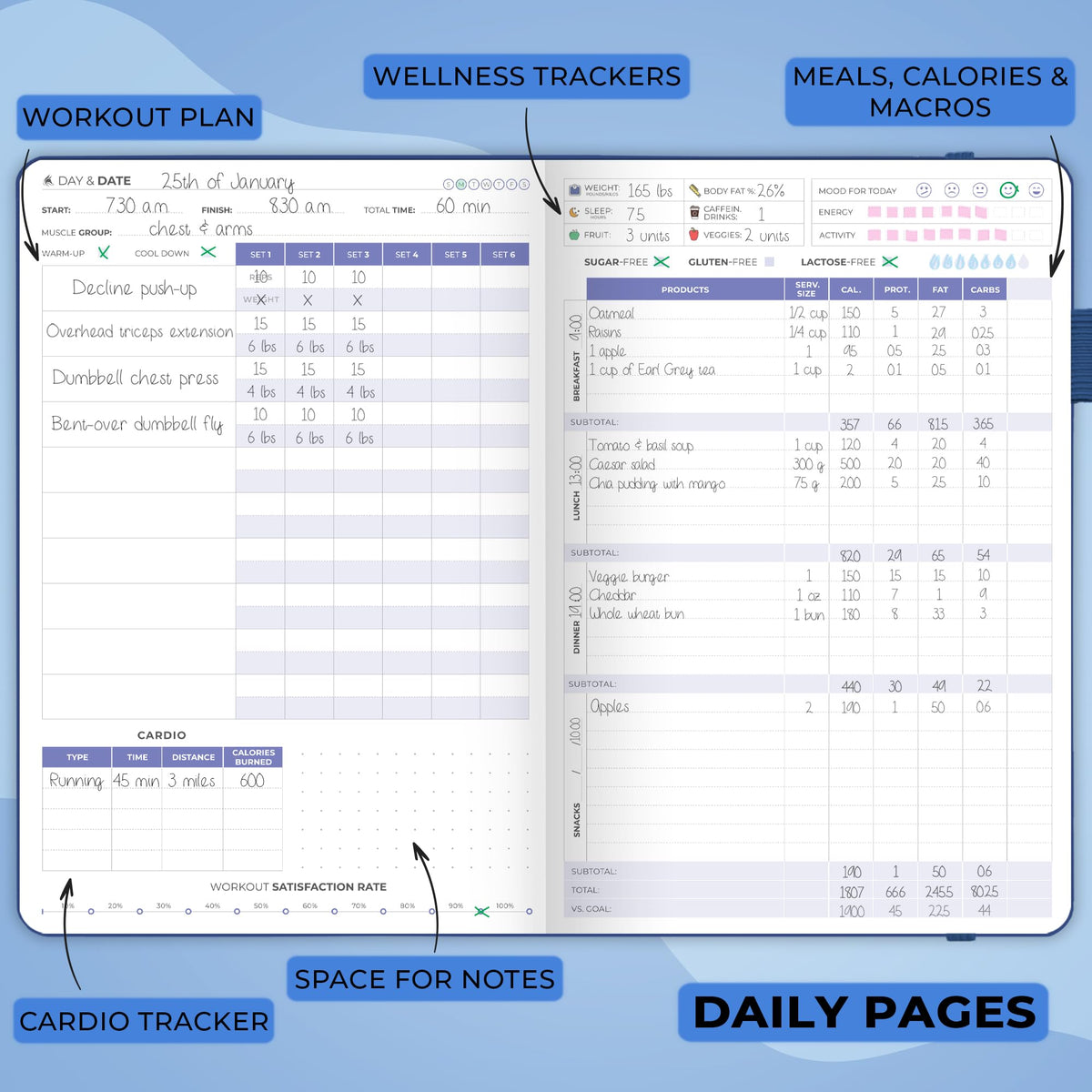 Clever Fox Fitness & Food Journal – Nutrition & Workout Planner for Women & Men – Diet & Gym Exercise Log Book with Calendars, Diet & Training Trackers - Undated, A5 Size, Hardcover (Mystic Blue)