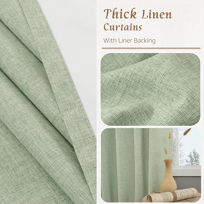 LAMIT Natural 100% Blackout Linen Curtains, 54 Inches Linen Textured Thermal Bedroom Curtains Back Tab and Rod Pocket Neutral Panels with White Liner for Farmhouse, 2 Panels, 42 x 54 Inch, Light Green