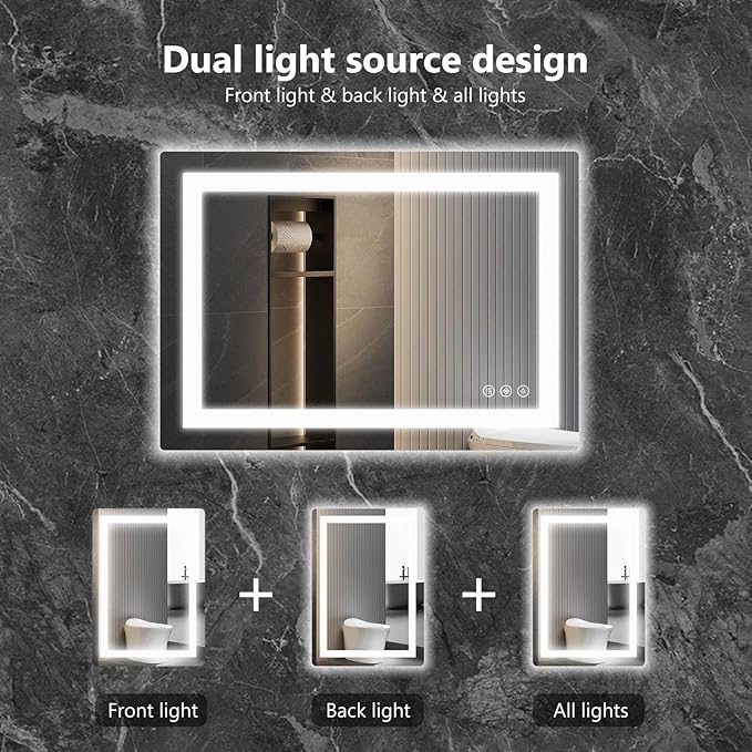 Sweetcrispy 28"x 20" Rectangle LED Bathroom Mirror with Front Light and Backlit, Smart Memory Functionr - Enhanced Anti-Fog Feature, Pure White