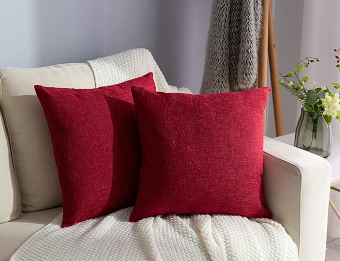 Stellhome Pack of 2 Christmas Decorative Burlap Throw Pillow Covers Farmhouse Linen Cushion Covers Pillowcase, Home Decor Decorations for Sofa Couch Bed Chair 22x22 Inch/55x55 cm, Red