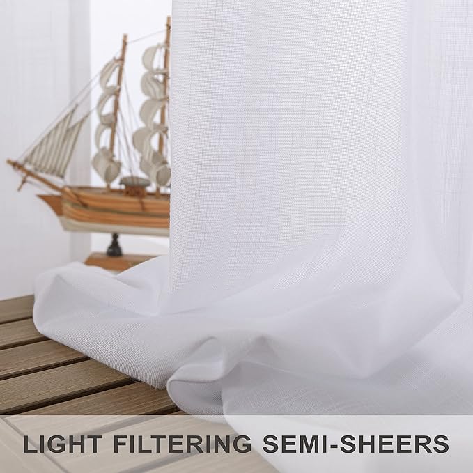 White Linen Curtains 63 Inch Length for Bedroom Pair Back Tab Pocket Simple Linen Panels Cotton Canvas Look Semi Translucent Boho Sheer Curtains for Living Room Dining Cabin Cottage Snow Pure White