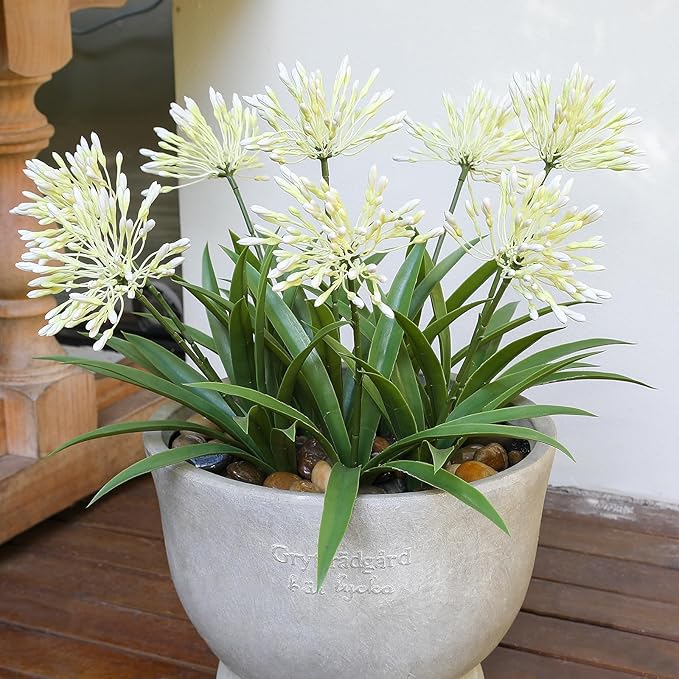 Outdoor Flowers Artificial for Porch 18.9 in Fake Agapanthus Plants 8 Bundles Plastic White Flower Large Faux Greenery for Outside Planter Yard Patio Decor