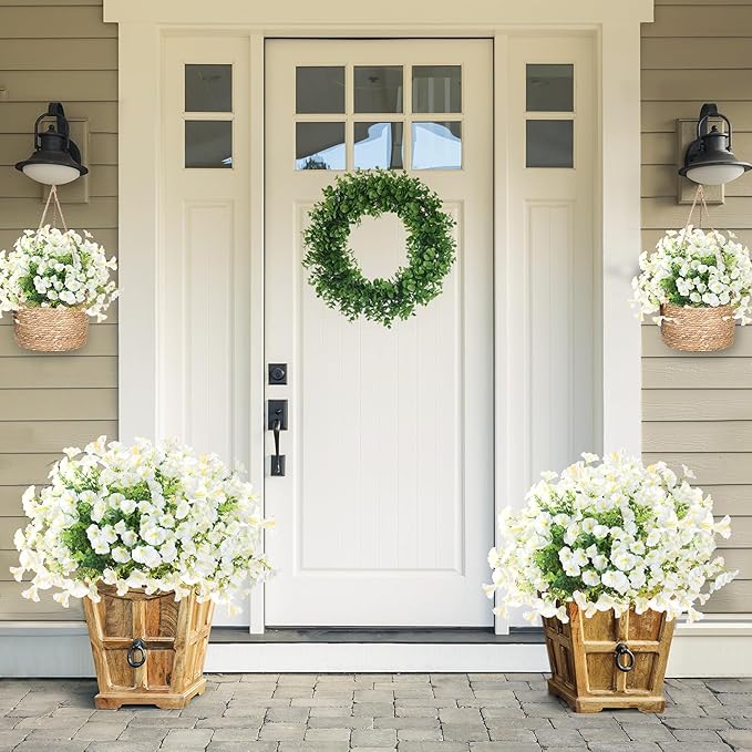 Artificial Flowers for Outdoors 12 Bundles Realistic Faux Plants UV Resistant Fake Silk Morning Glory with Eucalyptus for Front Door Planter Patio Porch Outside Spring Summer Decoration (White)