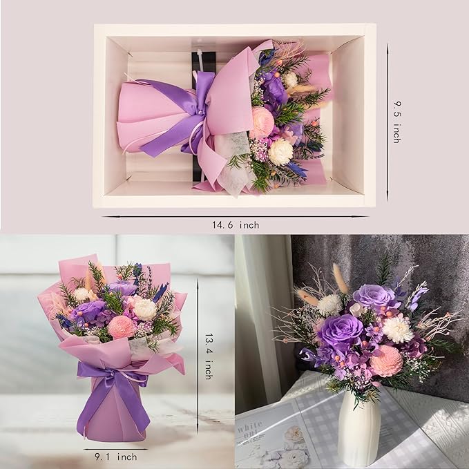 HUACHIPLUS Preserved Rose Bouquets: Fresh Flowers Bouquet- Romantic Gifts for Mom Wife Girlfriend Women-Flowers for Delivery Prime on Christmas Valentines Day Anniversary Mothers Day Birthday (Lilac)