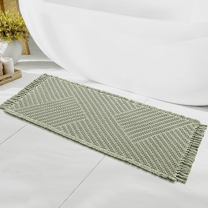 H.VERSAILTEX Waffle Bath Runner Rug Long Bath Mat Super Absorbent Boho Bath Rugs Non Slip Bath Runner for Bathroom Floor Machine Washable Dry Fast Bathroom Rugs with Tassels, 24" x 60", Sage